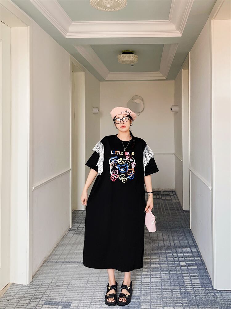 おすすめ レース ファッション 切り替え プリント Tシャツ カットソー ワンピース＜S-8535＞