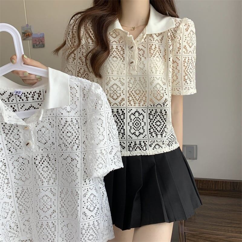 ファッション 透かし彫り 美人度アップ POLOネック Tシャツ カットソー＜S-3234＞