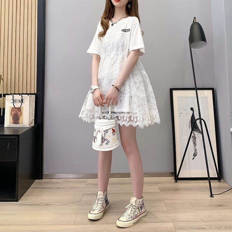 女子マスト 切り替え レース ゆったり 着?せ ハイウエスト 半袖 ワンピース ＜S-2019＞