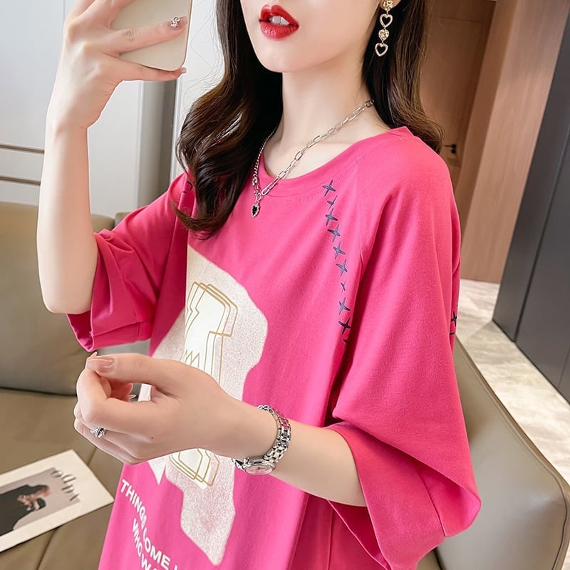 超人気商品 ロング アルファベット プリントTシャツ 三色 ゆったり半袖 ＜S-4019＞