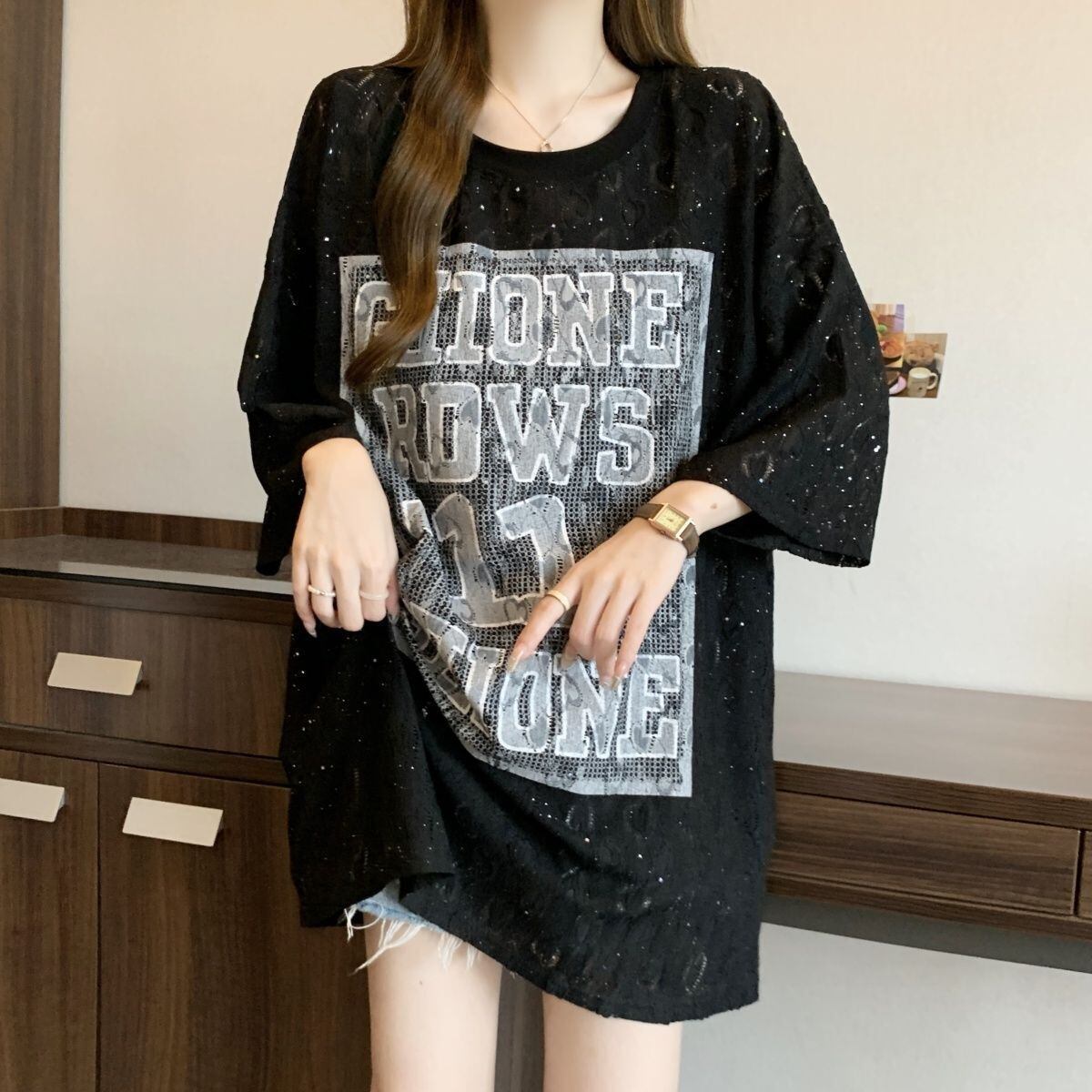 超人気 アバンギャルド 絶対流行 レース プリント全2色 半袖Tシャツ<S-8798>