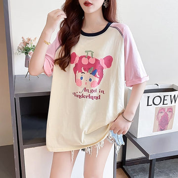 女子マスト ラグランTシャツ カラーマッチング ライトパープル アルファベットプリント半袖 ＜S-2974＞