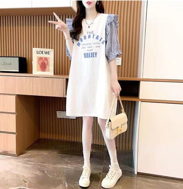 夏新作 カラーマッチング スカラップスリーブ ロング Tシャツ ゆったり 5分袖 ＜S-2854＞
