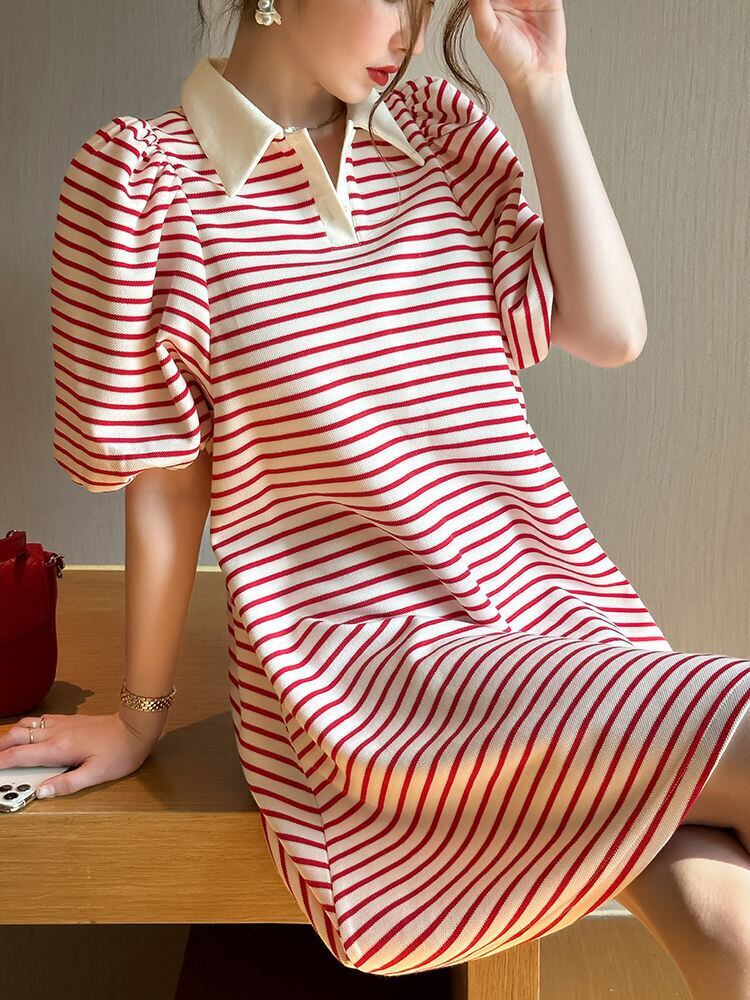 上質 ファッション 売り切れ必至 パフスリーブ ストライプ柄 半袖ワンピース<S-8450>