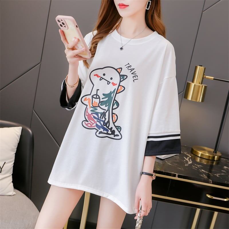 合わせやすい アルファベット ラウンドネック プリントTシャツ ゆったり ワンピース＜S-3992＞