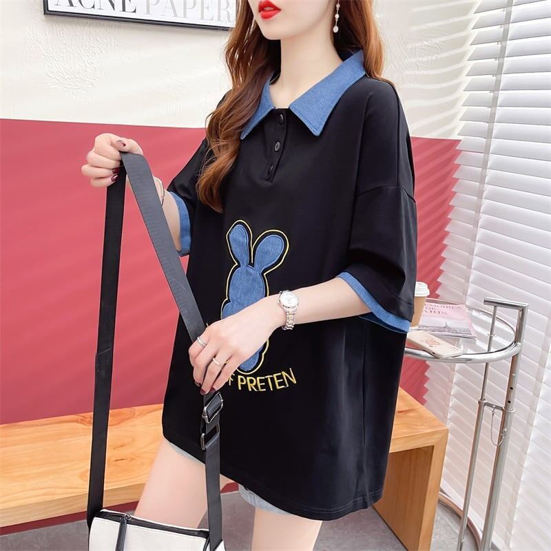 韓国系 ウサギちゃん POLOネック プリントTシャツ 三色 ゆったり半袖 ＜S-3056＞