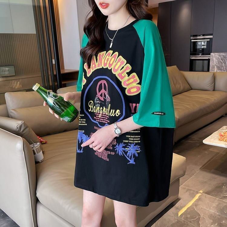 夏新作 配色 プリント ロング ラグランTシャツ 三色 ゆったりワンピース ＜S-4003＞