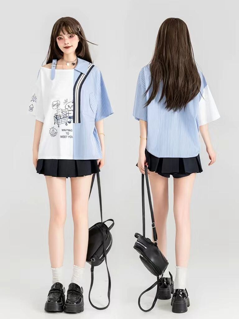 話題沸騰中 キュートストライプ柄 ファッション 切り替え 半袖Tシャツ＜S-8695＞