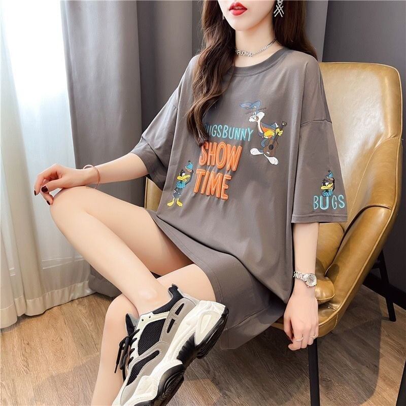 着?せ プリント アルファベット ロングTシャツ 四色 ゆったりワンピース ＜S-4018＞
