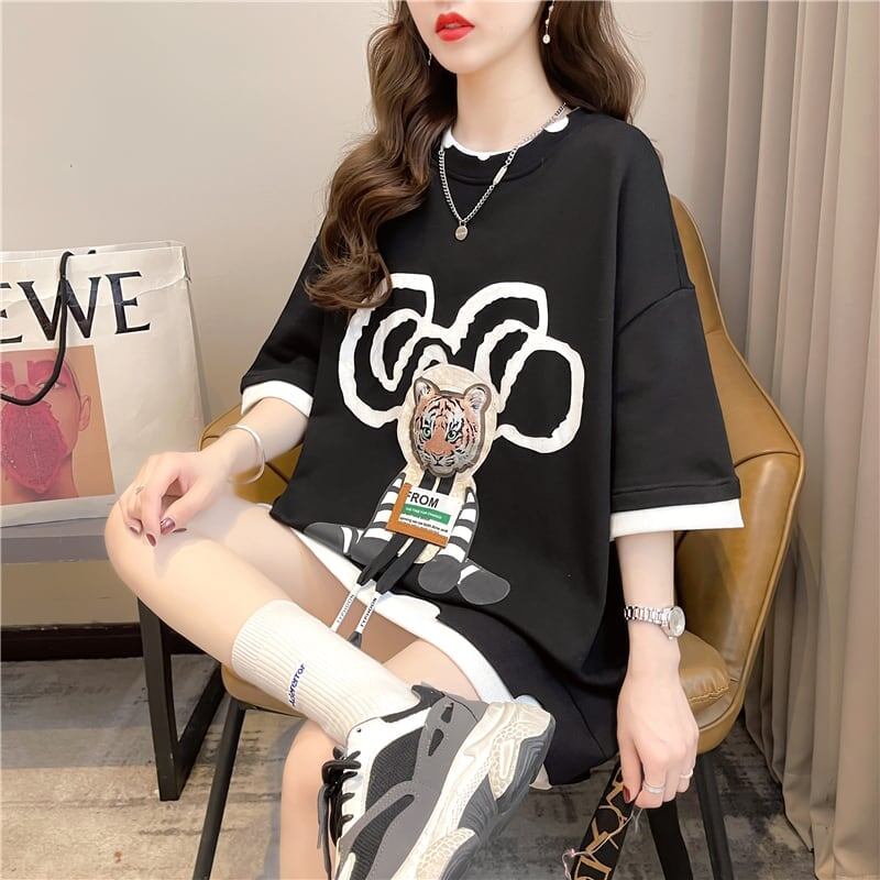 気質ルーズ漫画プリントミッドレングス半袖Tシャツ<S-3026>