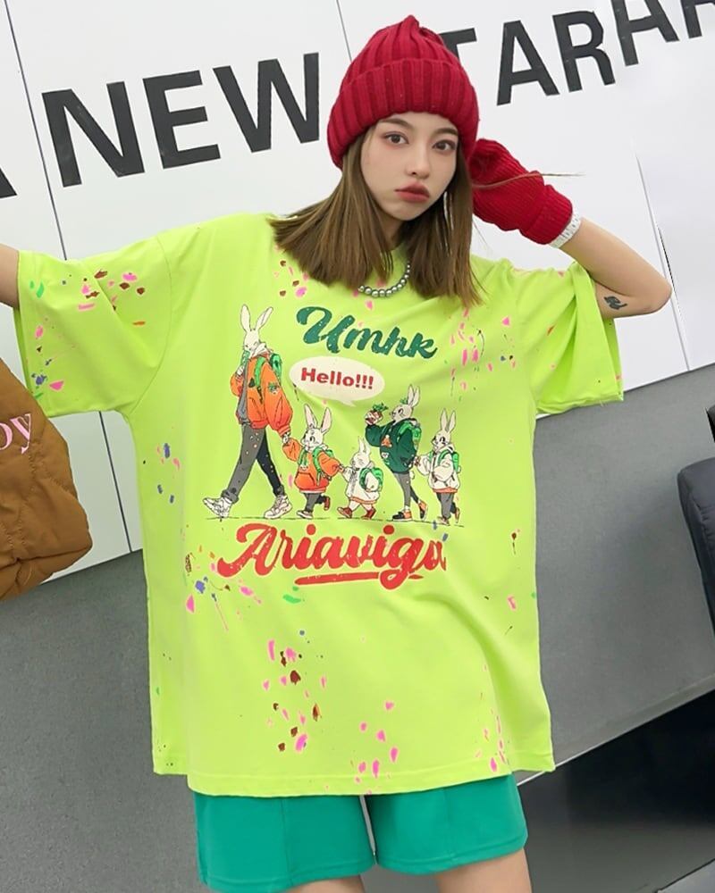 早い者勝ち キュート ファッション ルーズ 落書き風 プリント半袖Tシャツ 全3色<S-4913>