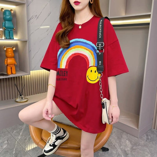 レインボースマイリーファッションオールマッチルーズ半袖Tシャツ<S-2860>