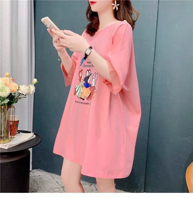 優しい雰囲気 立体のリボン バックオープン プリント ロングTシャツ ゆったり半袖＜S-2939＞