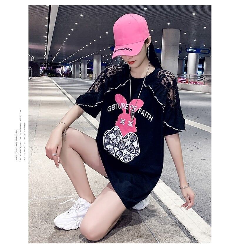 レースステッチアイスシルクニットルーズラビットプリント半袖Tシャツ<S-5038>