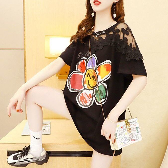 大人可愛い 切り替え レース 透かし彫り プリント全2色 半袖Tシャツ カットソー ＜S-8560＞