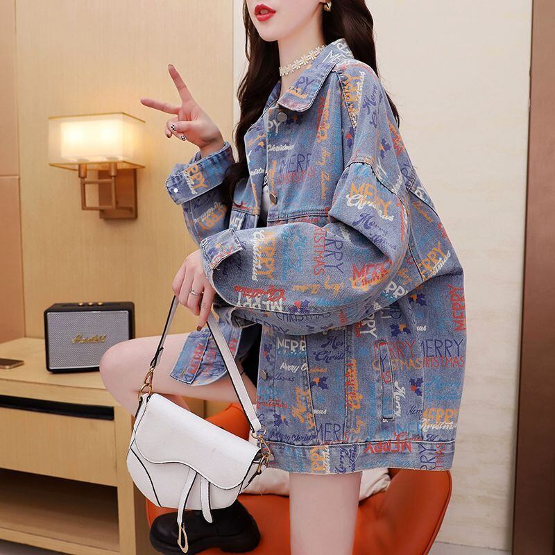 話題沸騰中 プリント 韓国風ファッション デニムジャケットゆったりコート<S-9239>