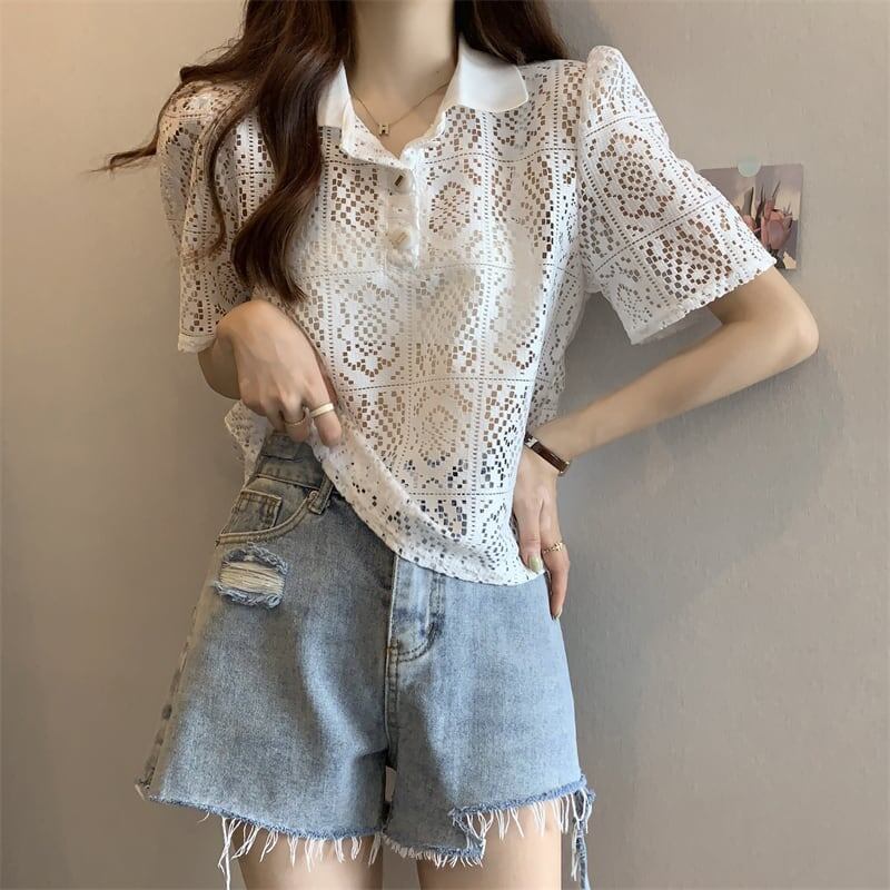 ファッション 透かし彫り 美人度アップ POLOネック Tシャツ カットソー＜S-3234＞