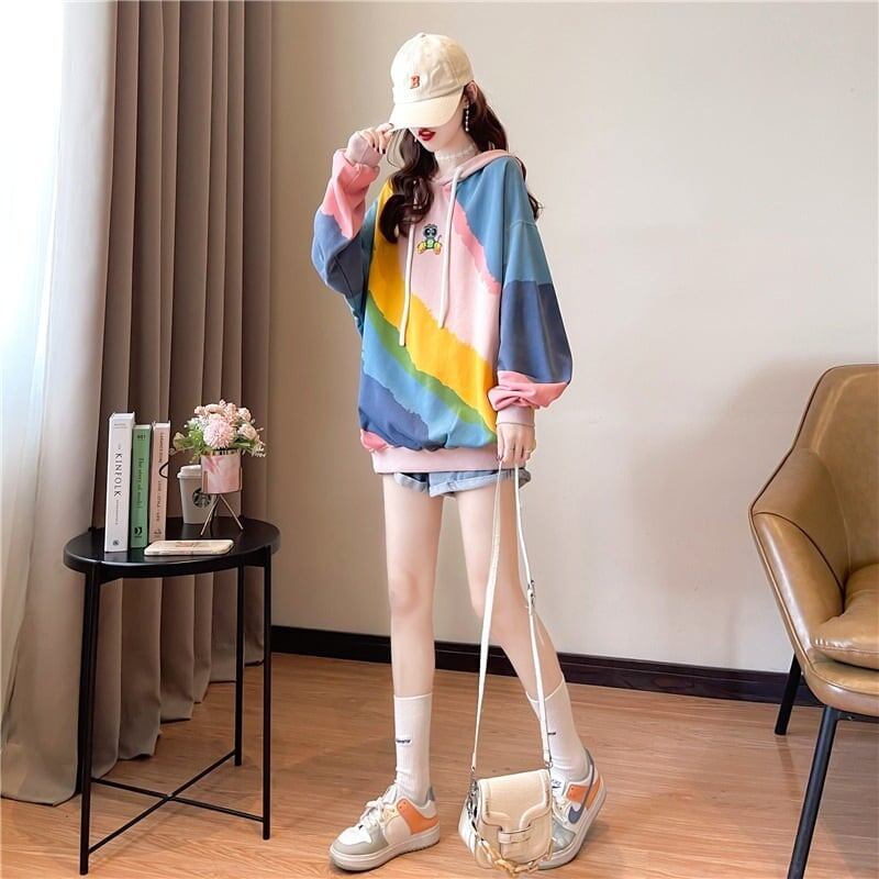 好感度UP プリントフード付き 虹色 パーカー トップス＜S-4033＞