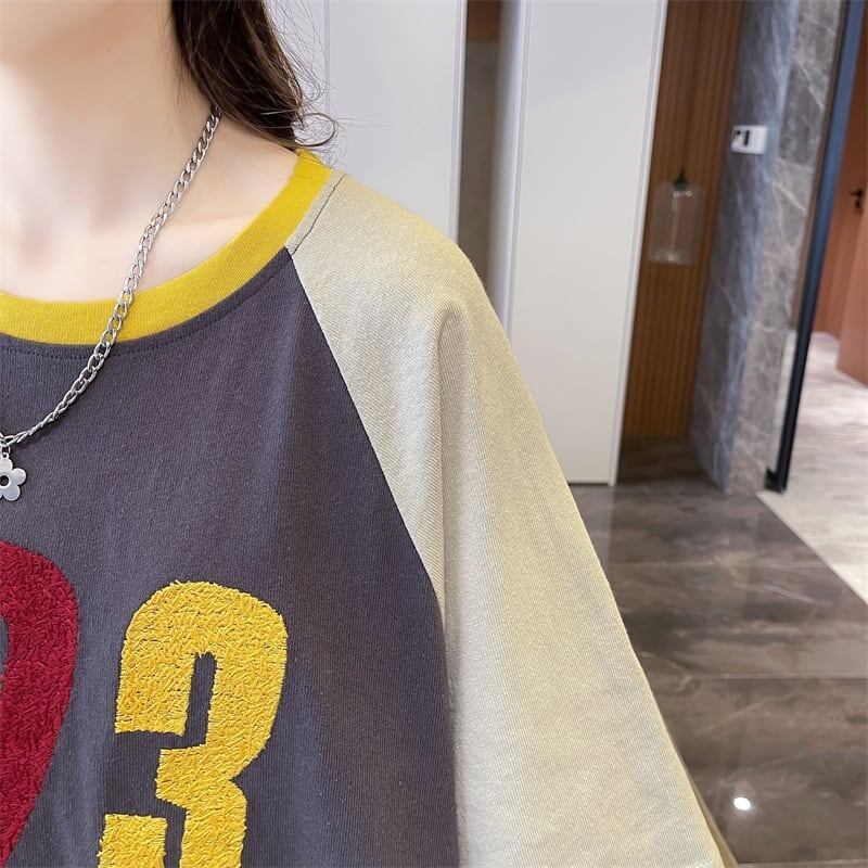 絶対欲しい カラーマッチング 数字刺 ロング Tシャツ ゆったり 半袖 ＜S-2896＞
