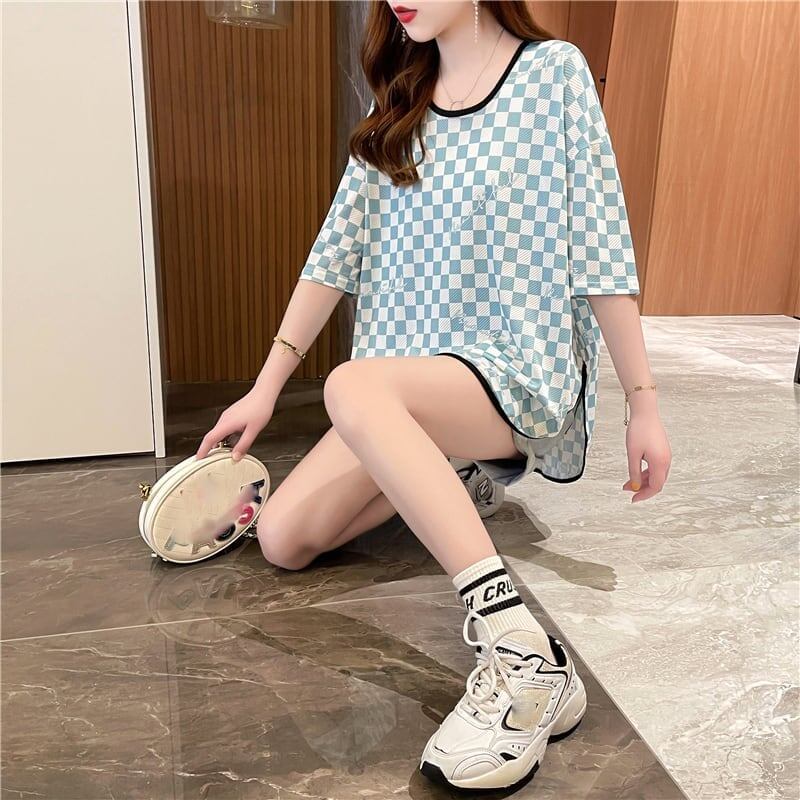 好感度満載 ラウンドネック 女性力を高める チェック柄 Tシャツ カットソー＜S-2985＞