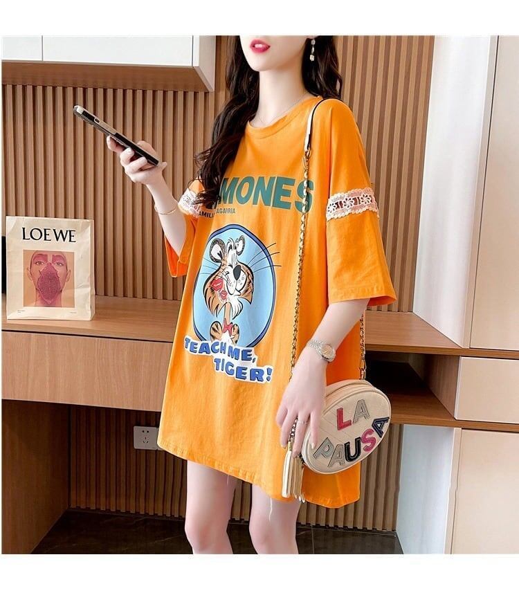 着心地良い レース切り替え リボン プリントTシャツ ゆったり半袖＜S-2889＞