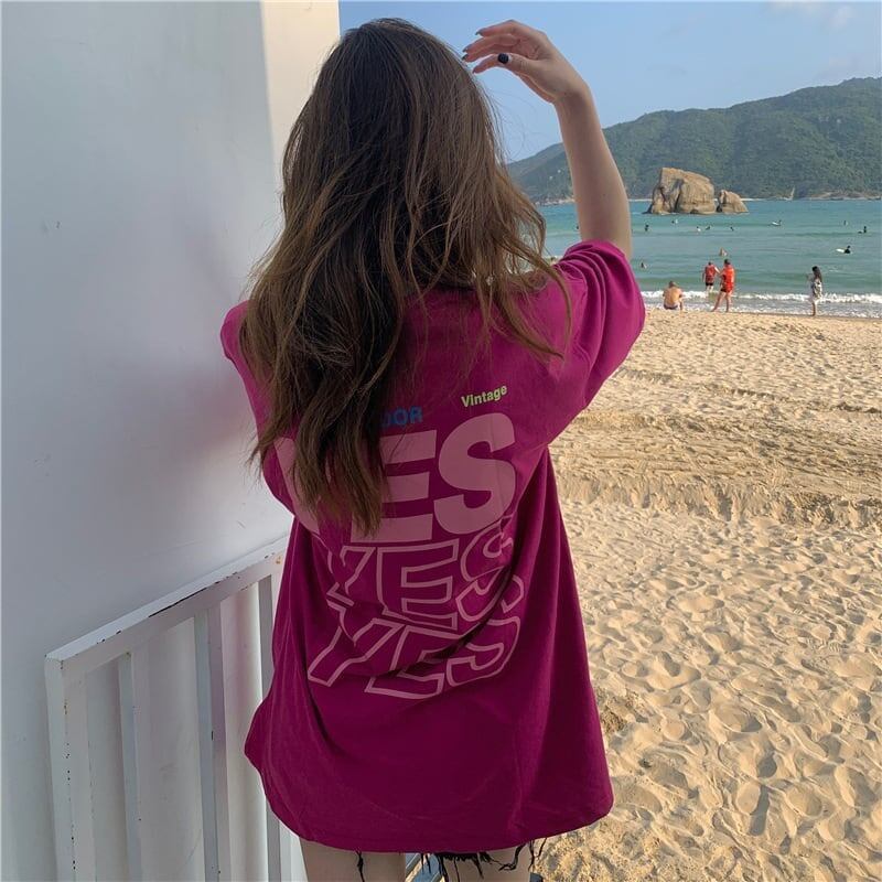 着心地良い プリント アルファベット ロング Tシャツ ゆったり半袖 ＜S-2851＞
