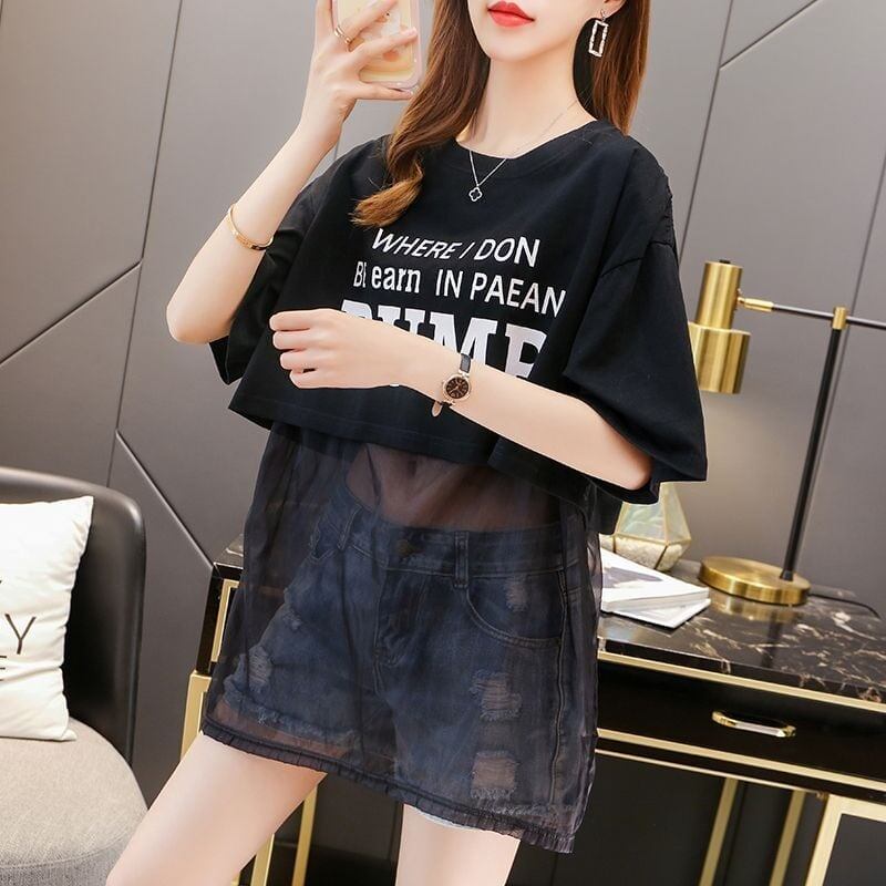 絶対欲しい レイヤード風 個性派 プリントTシャツ ゆったり半袖＜S-8101＞