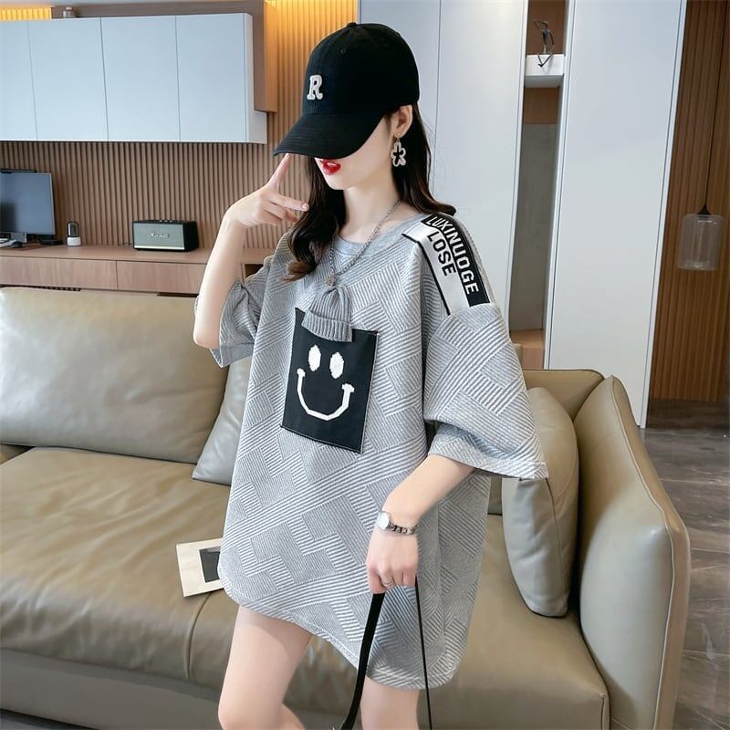 エレガントな立体ジャガードルーズウールパッチステッチ半袖Tシャツ<S-2901>