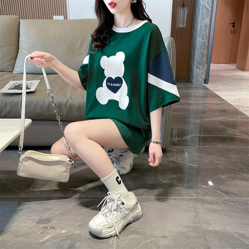 カジュアルルーズワッペン刺繍ステッチカラーブロック半袖Tシャツ<S-2870>