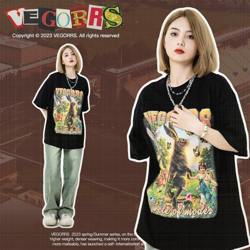 アメリカンレトロ絵画ウサギ半袖Tシャツカップル男女同スタイル<S-2910>