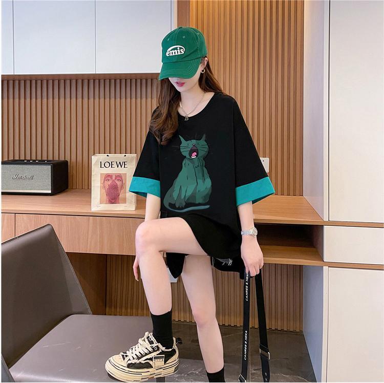 ユニークなデザイン気質のカラーブロック半袖Tシャツ<S-2900>