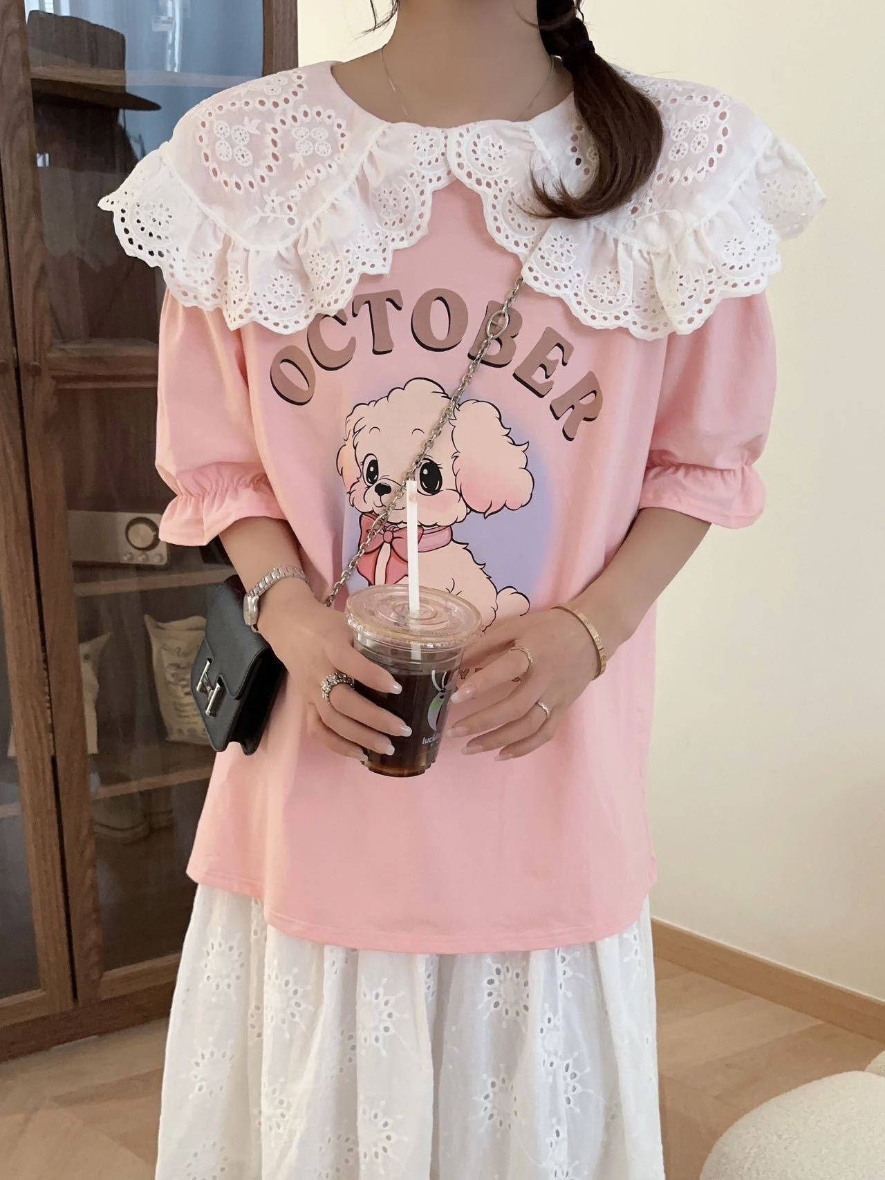 スウィート ワンちゃんロゴ 韓国系 ゆったりTシャツ半袖<S-4882>