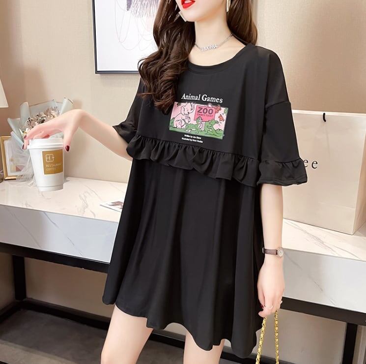 ミドル丈のイレギュラー半袖Tシャツワンピース<S-5007>