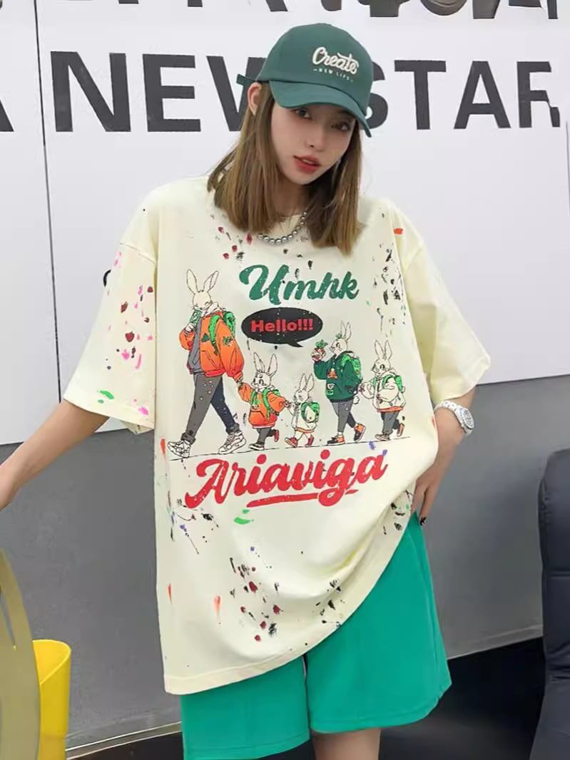 早い者勝ち キュート ファッション ルーズ 落書き風 プリント半袖Tシャツ 全3色<S-4913>
