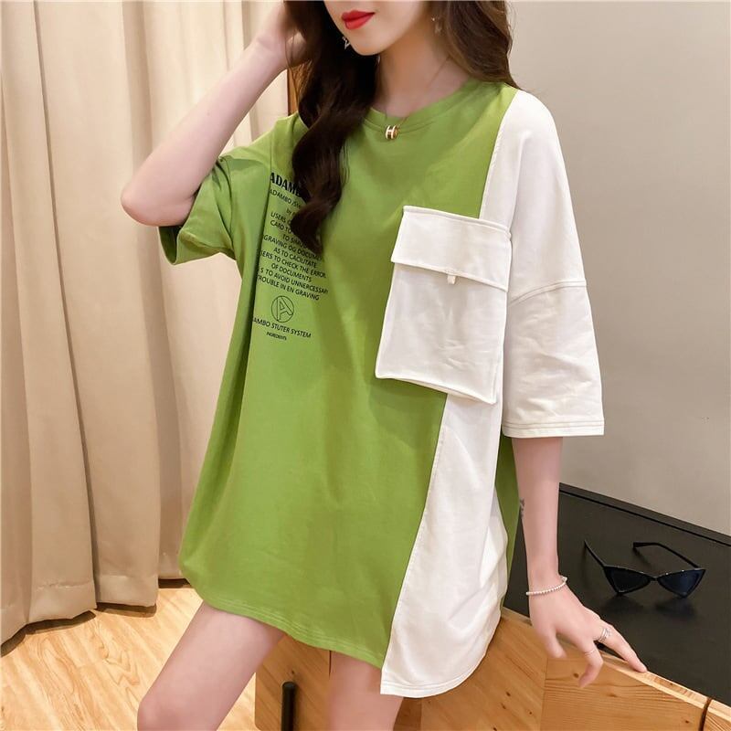 韓国系配色切り替えロングゆったり三色半袖Tシャツ＜S-1625＞