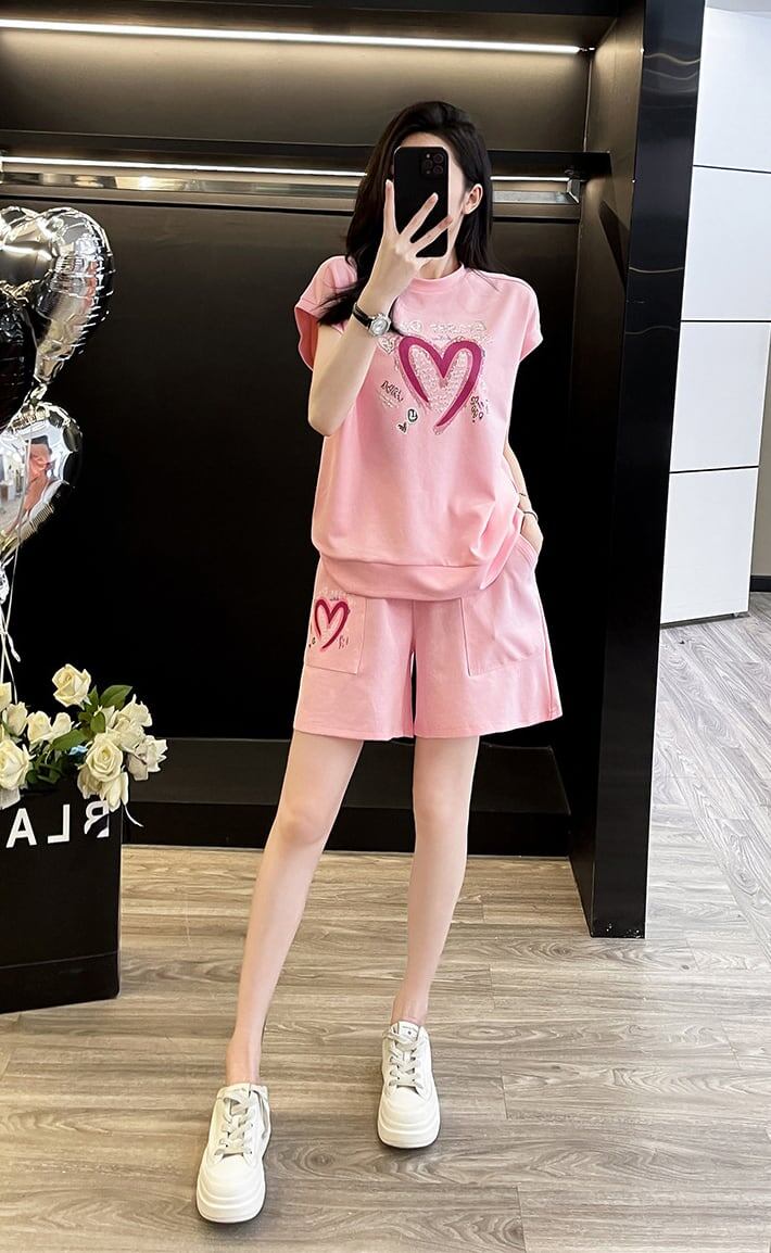 超人気 ホットダイヤモンド カジュアル プリント 半袖Tシャツ ショートパンツ セットアップ ＜S-9215＞
