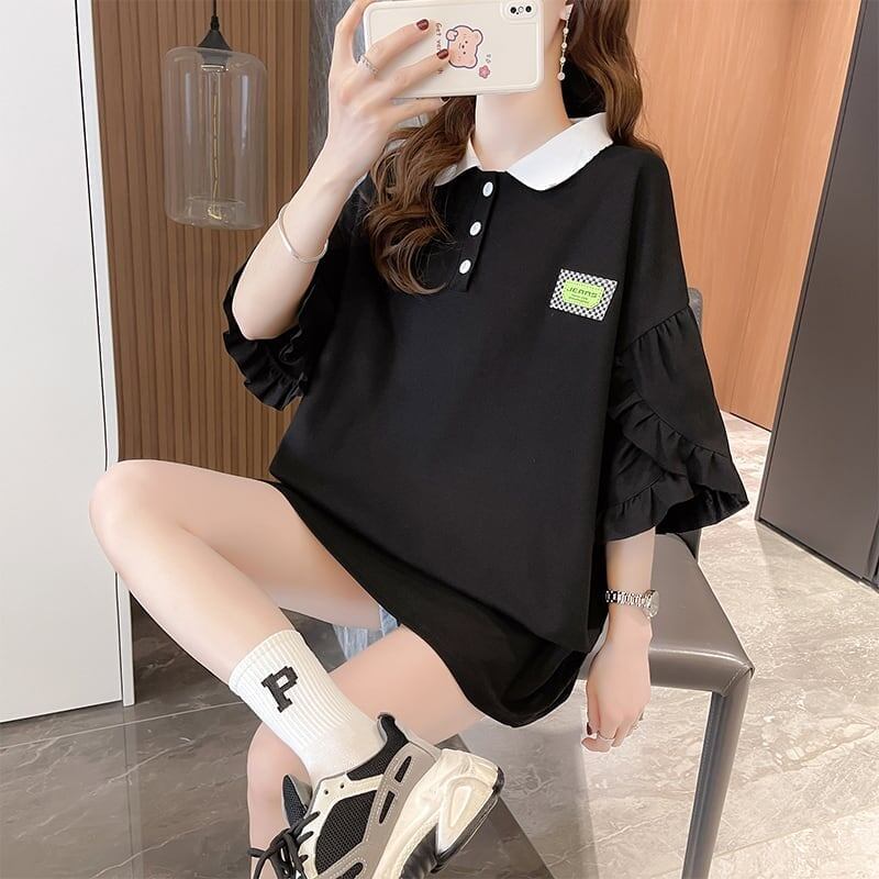 おすすめ POLOネック シンプル フリル ロング Tシャツ 三色 ゆったり半袖 ＜S-3055＞