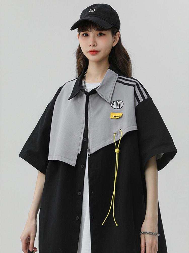 シンプルだけど一癖あるコーデ 切り替え レイヤード風 全2色 半袖Tシャツ<S-9046>