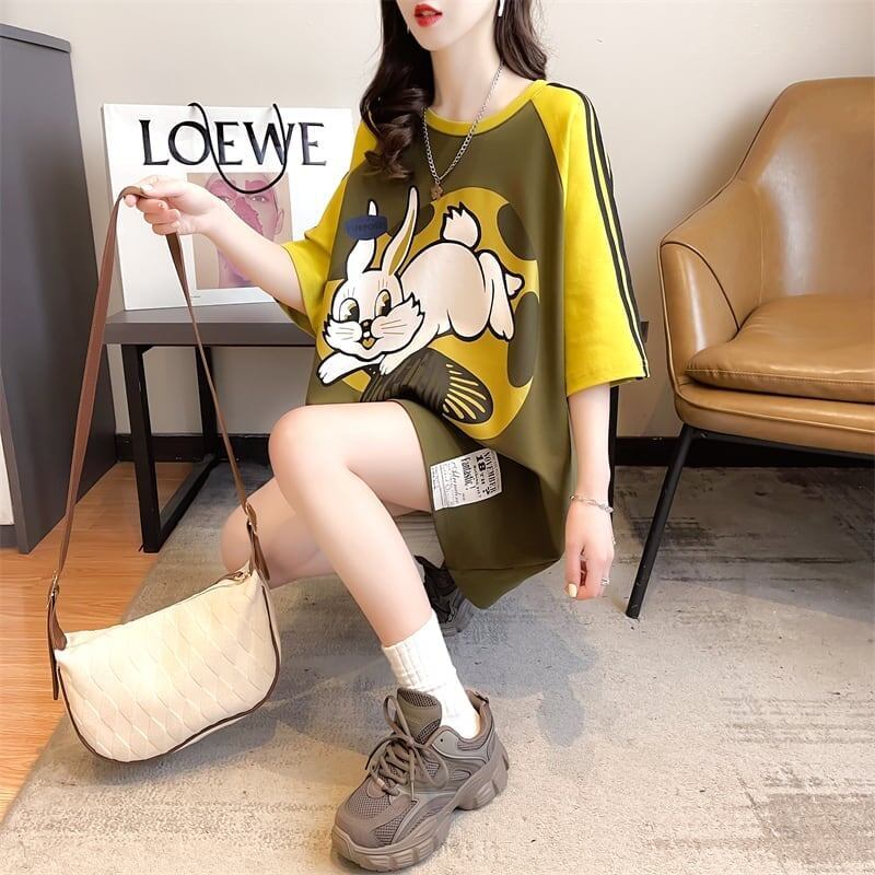 好感度UP グラフィック ストライプ柄 ラグランTシャツ ゆったり ワンピース＜S-3994＞