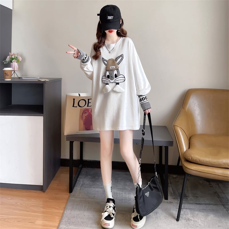 【秋の初めの割引！！】美人度アップ トップス ウサギちゃん 二色 長袖Tシャツ ＜S-4007＞