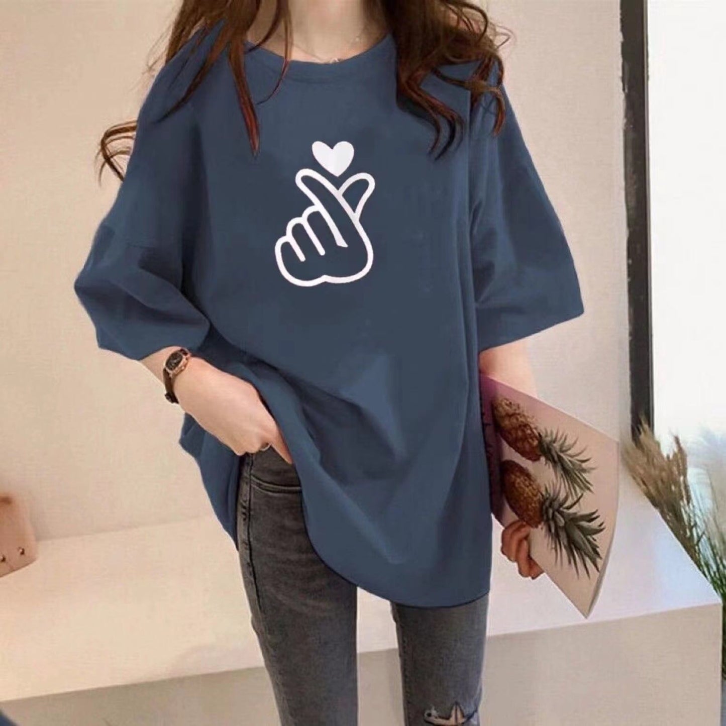 組み合わせやすい Tシャツ プリント 七色 ゆったり半袖＜S-2968＞