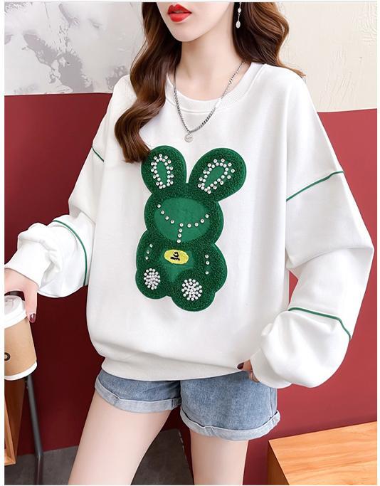 【秋の初めの割引！！】韓国風ルーズ漫画刺繍ホットダイヤモンドミドル丈トップス<S-5024>