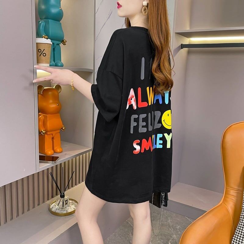 レインボースマイリーファッションオールマッチルーズ半袖Tシャツ<S-2860>