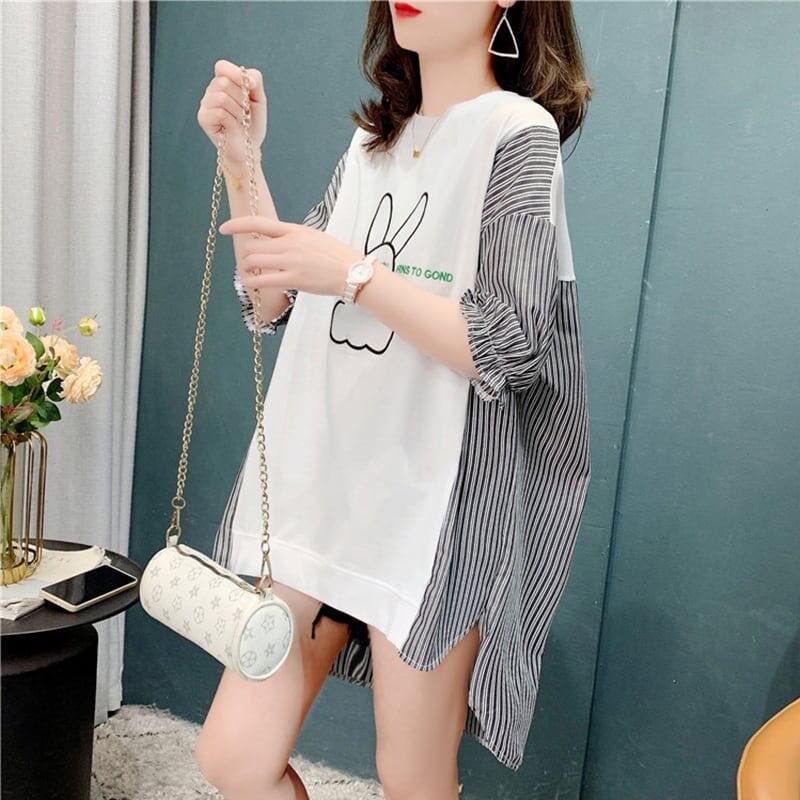 個性的なデザイン 切り替え 今季大好評 プリント Tシャツ カットソー＜S-3595＞