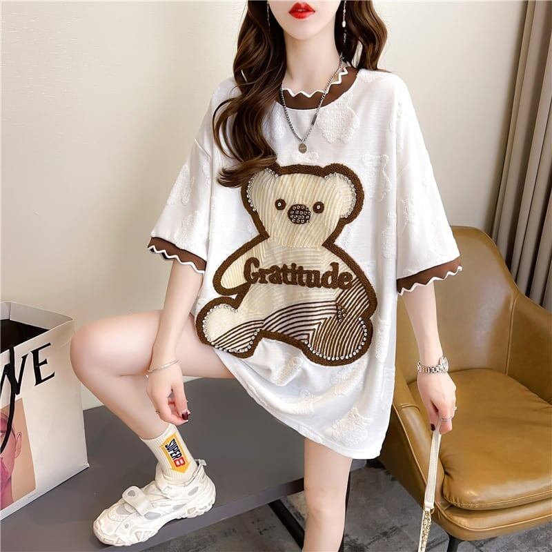 先進の重工業刺繍入りダイヤモンドベア半袖Tシャツ<S-2987>