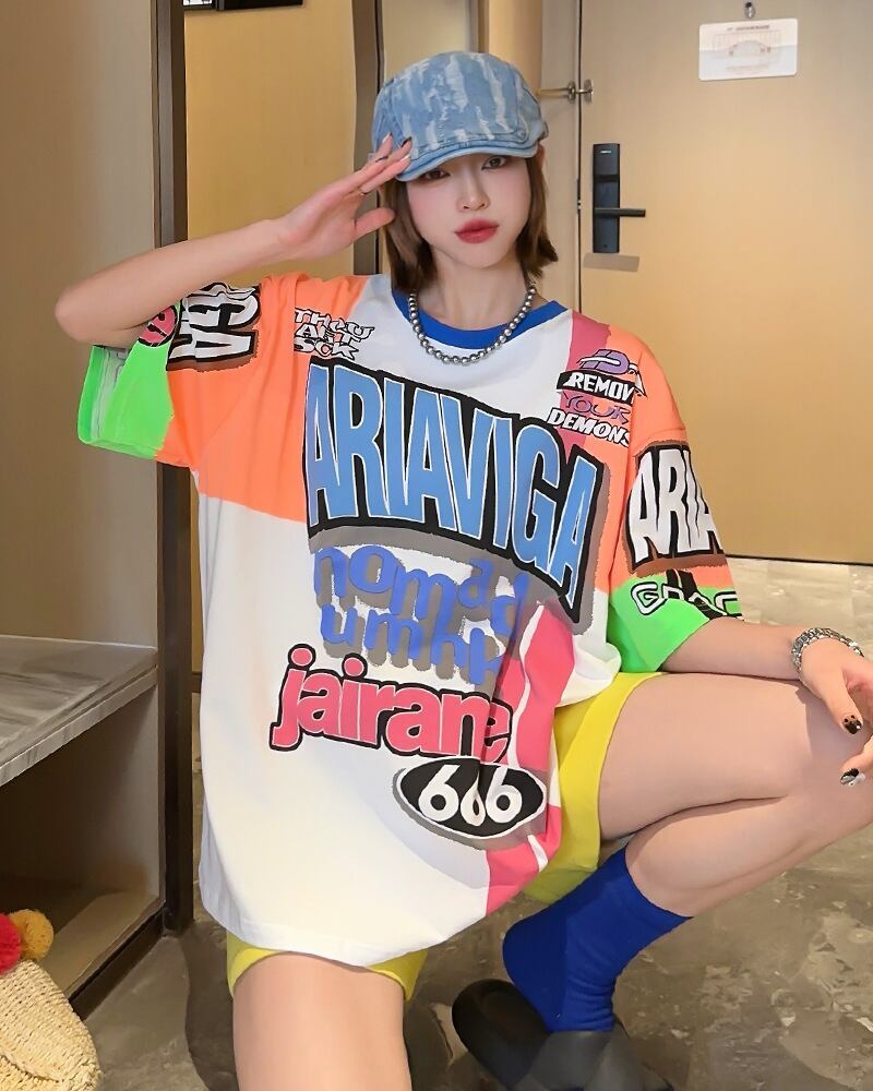スタイルアップ効果抜群 レース アバンギャルド ダブルプリント全2色 半袖Tシャツ<S-8980>