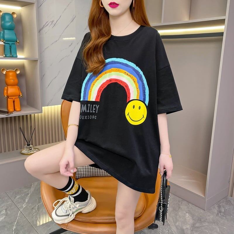 レインボースマイリーファッションオールマッチルーズ半袖Tシャツ<S-2860>