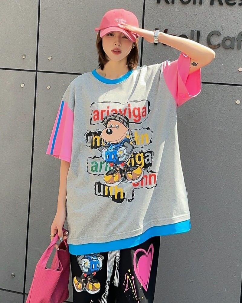 話題沸騰中 ゆったり カジュアル プリント カラーマッチング 半袖Tシャツ＜S-8067＞