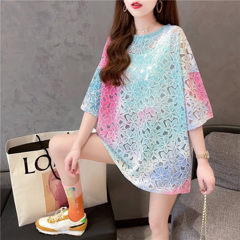 オシャレ度満点 ラウンドネック スタイリッシュ 透かし彫り Tシャツ カットソー＜S-2957＞