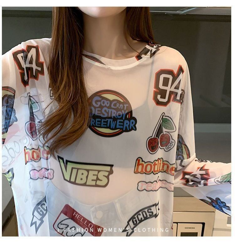 超人気 ルーズ 個性派 日焼け防止に透け感 Tシャツ＜S-8052＞